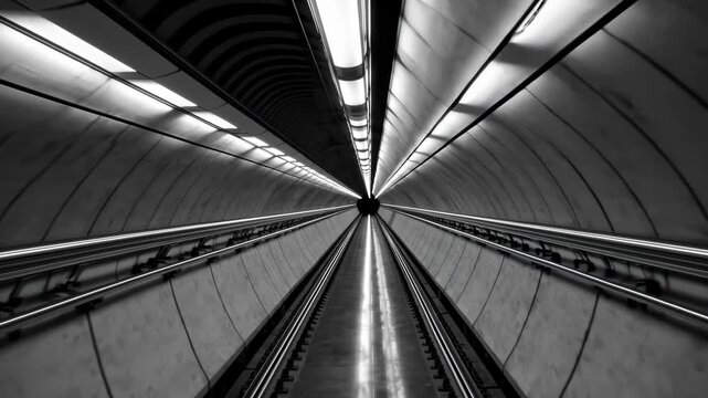Long view of a subway tunnel with bright lights and tracks in a city at night