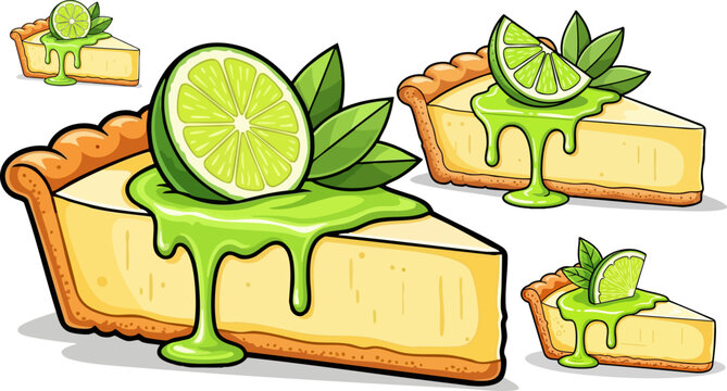 Delicious key lime pie slices illustrated with vibrant green citrus topping and fresh mint garnish