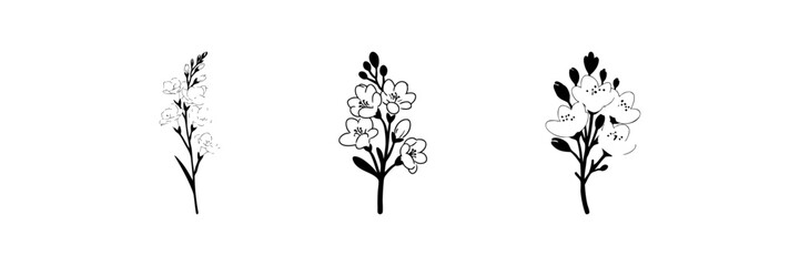 Obraz premium Floral Branches In Hand Drawn Style Set. Botanical Illustration, Nature-Inspired Doodle Sketch Collection. Elegant Floral Design Elements. Isolated Vector Illustration