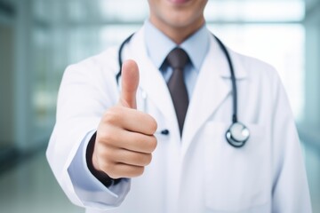 Medical professional showing thumbs up sign, conveying approval, success, or positive healthcare outcome