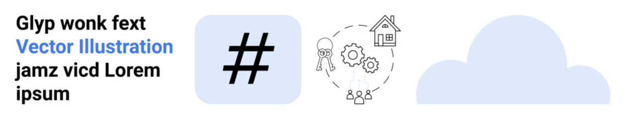 Fototapeta premium metadata tag symbol next to connected icons of home, gear, cloud, and profile, representing digital connectivity, teamwork, and innovation. Ideal for technology, social media collaboration cloud