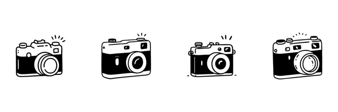 Vintage Cameras In Hand Drawn Style Set. Photography, Retro Camera, Classic Design Doodle Sketch Collection. Artistic Expression, Creative Media. Isolated Vector Illustration