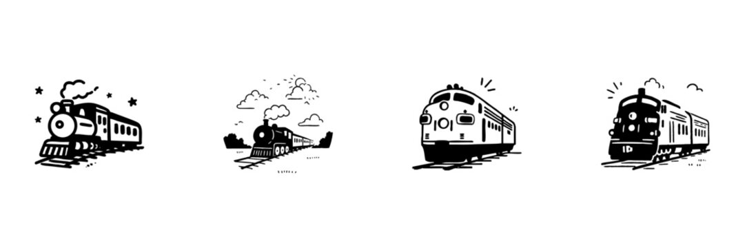 Vintage Train Illustrations In Hand Drawn Style Set. Classic Locomotive, Steam Engine, And Modern Train Doodle Sketch Collection. Transportation And Travel Theme. Isolated Vector Illustration
