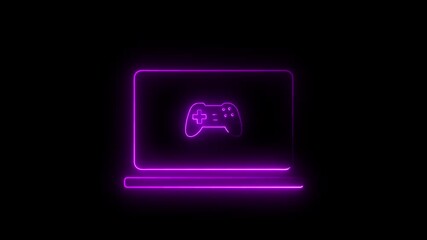 Purple Neon Outline of Laptop Displaying a Game Controller Against a Black Background computer - Powered by Adobe