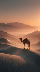 Desert Animal Amid Sandy Ridges, Majestic Camel Outlined Against Golden Desert Landscape At Dusk
