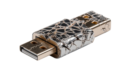 PNG of A cracked metallic USB flash drive showcasing a unique design and texture, ideal for tech enthusiasts and creatives.