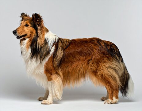 Photo of a rough collie dog isolated on a white background. Elegant long-haired breed, ideal for pet, animal, and studio photography