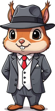 Charming cartoon squirrel character in a dapper grey suit red tie and stylish fedora hat posing with a friendly smile.