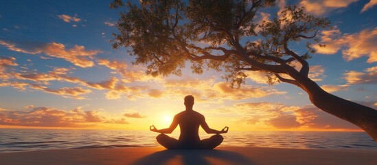 Silhouette of person meditating in lotus pose on beach at sunset with ocean and large tree.