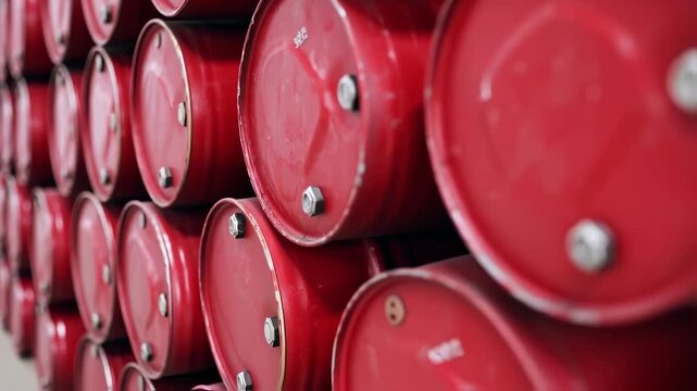 Rows of red metallic drums stacked neatly, capturing texture, form, and repetition. Detailed view