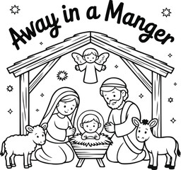 Obraz premium Nativity Scene Coloring Page Baby Jesus with Mary, Joseph, and Animals
