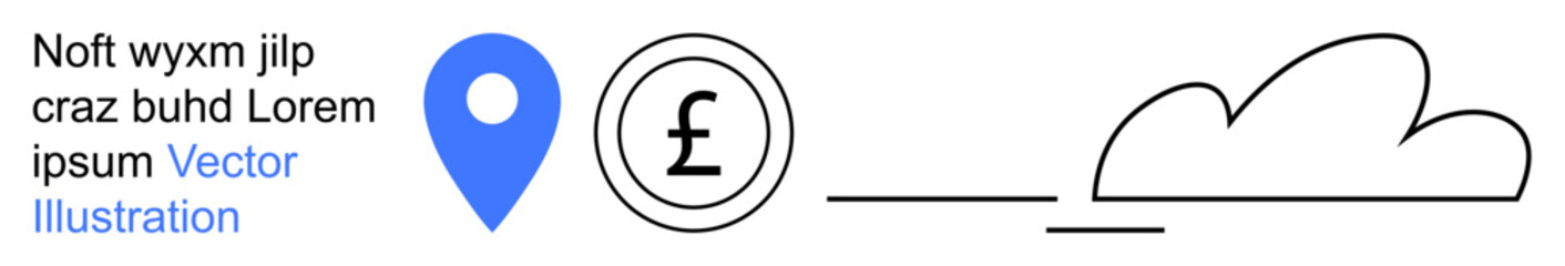 Navigation, finance, digital storage, geography, online transactions, maps. Blue location pin, pound currency symbol and a cloud outline. Navigation and finance concept for technology and economy
