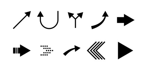 Set of black arrow icons in various shapes for navigation and infographic design