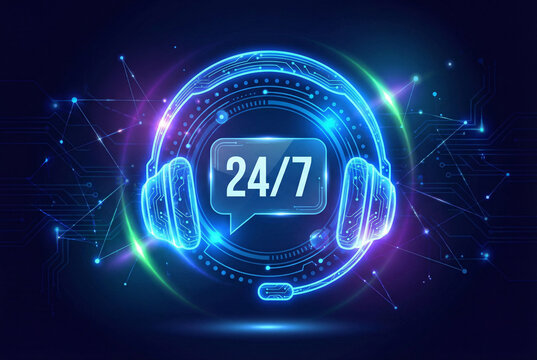 Glowing 24 7 customer support headset icon, neon cyber service and AI chatbot assistance concept background.