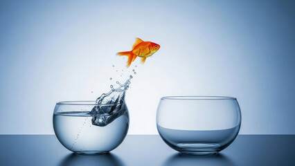 Goldfish jumping out of fish bowl to another bowl