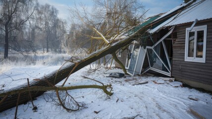 Tree Fallen on House During Heavy Snowfall &ndash; Winter Emergency Scene