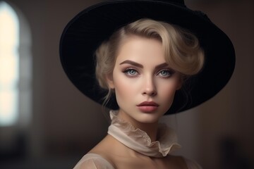 Portrait of a blonde woman with blue eyes and curly hair wearing a black hat and a vintage dress