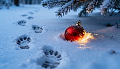 Footprints in the snow leading to a golden Christmas ornament. Winter holiday scene with festive charm, soft snow texture, and cozy seasonal atmosphere.