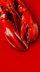 Lobster seafood, gourmet food, steamed lobster with big claws on red background, top view, flat lay, from above. Vertical art design photo, close-up. Room for your text 