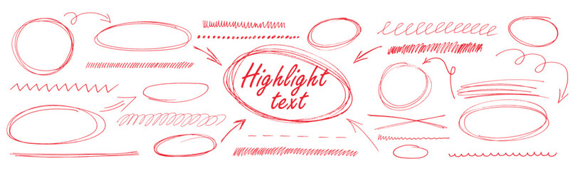 Red pen strokes forming round circle underline shapes with hand drawn doodle arrow elements creating vector set kit bundle for highlight text using scribble oval lines in playful layout. © A_Y_N