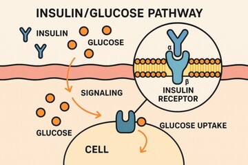 This visual explains the insulin and glucose pathway, showing how insulin connects to its receptor and influences glucose uptake by cells.