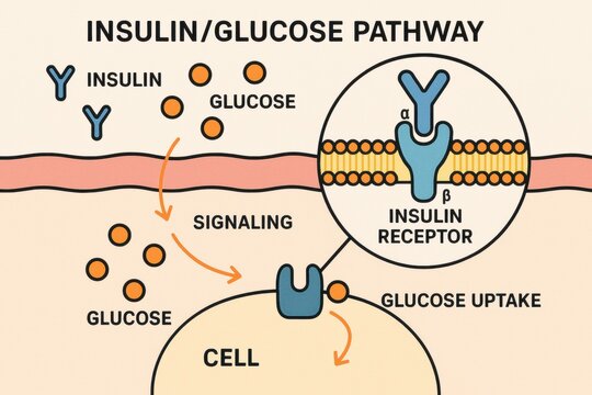 This visual explains the insulin and glucose pathway, showing how insulin connects to its receptor and influences glucose uptake by cells.