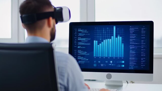 A man wearing VR glasses views a data chart on a monitor in a bright office