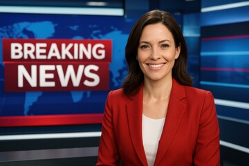 Woman stands in a news studio delivering breaking news with a world map and graphics on the screen behind her