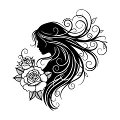 Fototapeta premium A serene illustration of a woman surrounded by floral elements, showcasing her long hair and elegant profile.