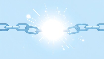 A blue chain is broken in the center with a bright, white light emanating from the point of breakage
