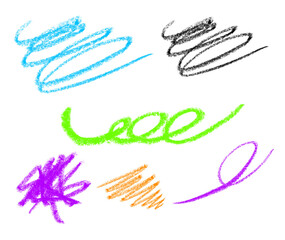 Obraz premium Set of colorful hand drawn crayon scribbles and doodles creating abstract shapes on transparent background for artistic design