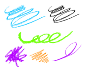 Set of colorful hand drawn crayon scribbles and doodles creating abstract shapes on transparent background for artistic design