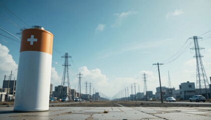 Large battery stands on street under blue sky in abandoned area with power lines Generative AI