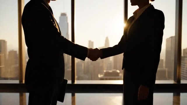 P07-Business agreement concept showing blurred silhouette of business people shaking hands near large wi 4K 10s