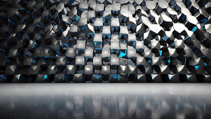 Futuristic abstract stage background featuring a dark, textured metallic wall composed of geometric facets with subtle blue lighting, reflecting on a polished floor