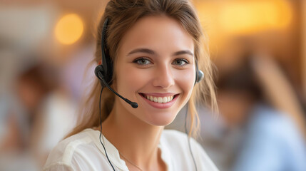 Faceless friendly voice of customer service, radiant young professional beams with confidence, headset symbol of connection and helpfulness in bustling world of customer support, d