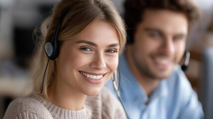 Faceless smiling customer service representative wearing headset with mic offering support and telemarketing sales help through CRM in professional call center, defocused person, w