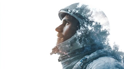 Astronaut double exposure nature blended into spacesuit