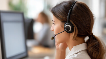 Faceless woman headset and computer screen at call center in office for CRM customer service and sales information, advisor mic and talking for telemarketing technical support feed