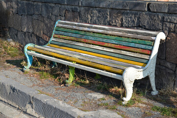 Park benches. Old wooden benches. Relaxing in the park.