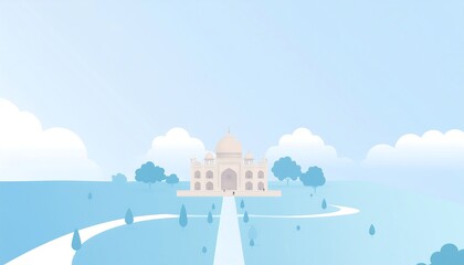 A stylized view of a grand, light-colored mausoleum with a winding path under a pale blue sky