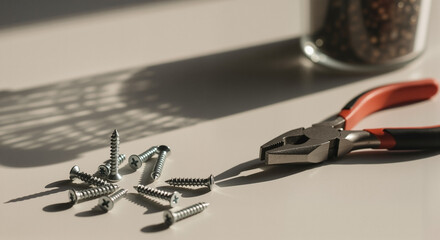 Pliers and scattered screws on a workbench with soft shadows  