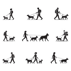Black Color Dog Walker Daily Routine Vector Silhouette Vector Illustration, Solid White Background.
