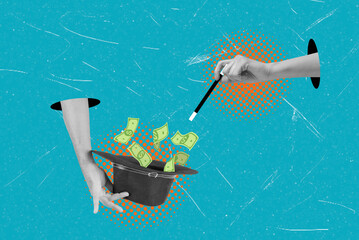 Art collage showcasing hands performing a magic trick with money appearing from a hat on a bright background © beast01
