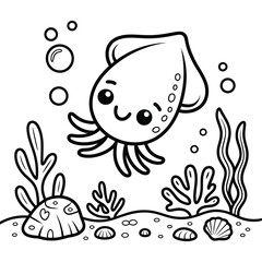 Fototapeta premium Cute Cartoon Squid Underwater Ocean Floor Coloring Page Line Art