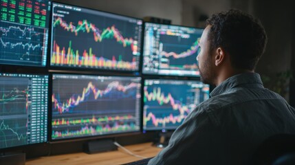 Medium shot of a financial analyst examining charts and graphs on multiple screens to predict commodity price trends using technical indicators.