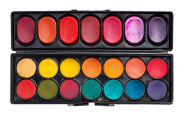 A black plastic palette containing two rows of vibrant watercolor paint cakes in various colors, viewed from above.