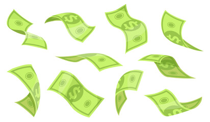 Cartoon falling dollars. Flying dollar bill, cash money rain air floating paper currency american bank notes green banknotes, finance bonus wealth concept neat vector illustration