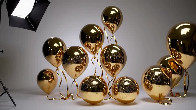 Gold balloons fill the studio space with bright light and reflections during a creative decoration setup for an event