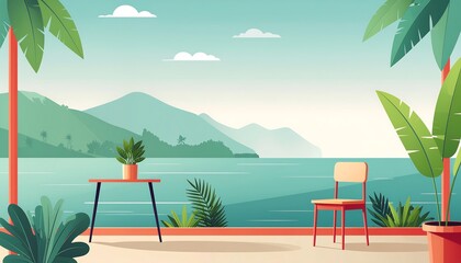 A calming coastal scene featuring a table, chair, plants, water and hills under a sunny, bright sky